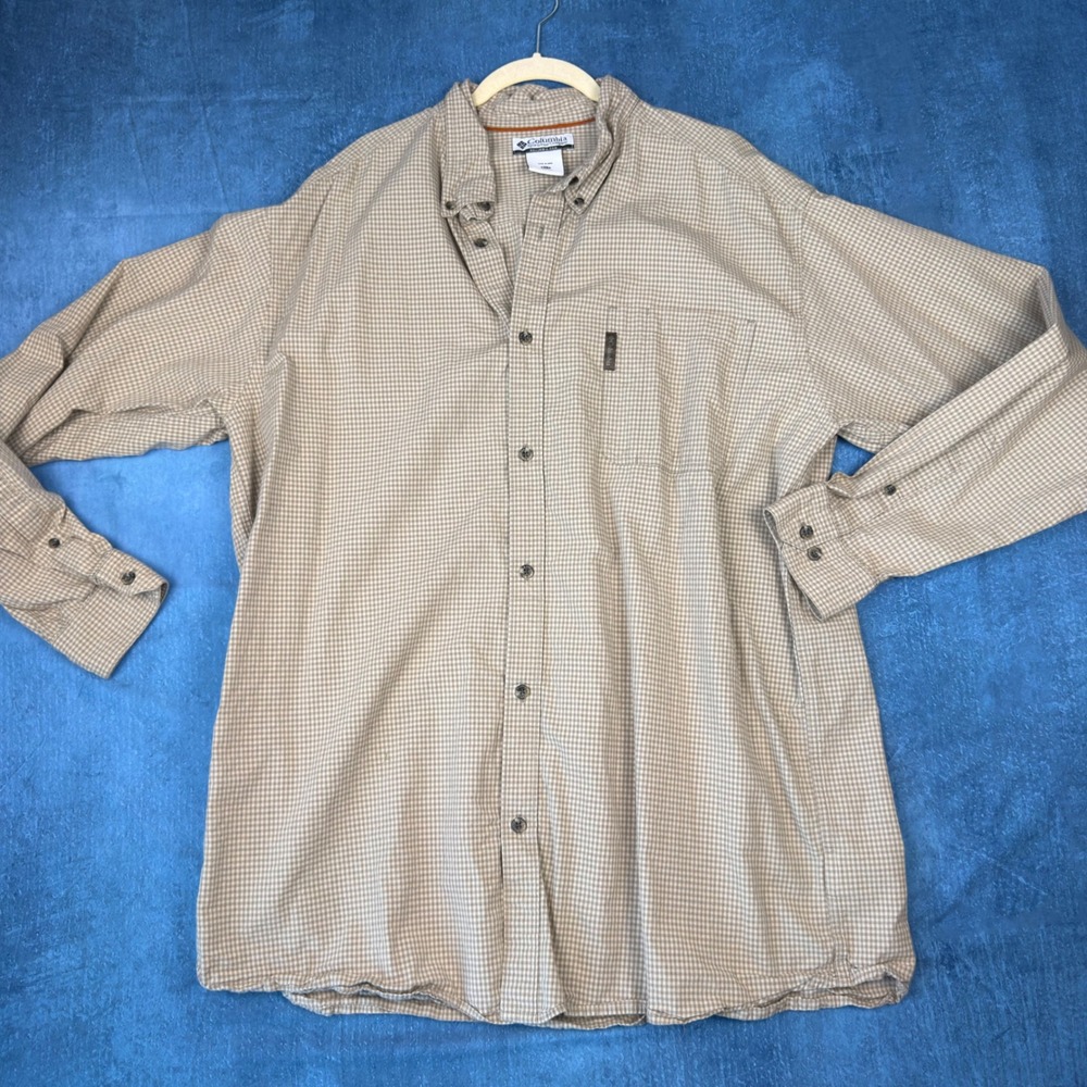 Columbia Mens 2XT Tall Gingham Button Down Shirt Tan White Long Sleeve Outdoor